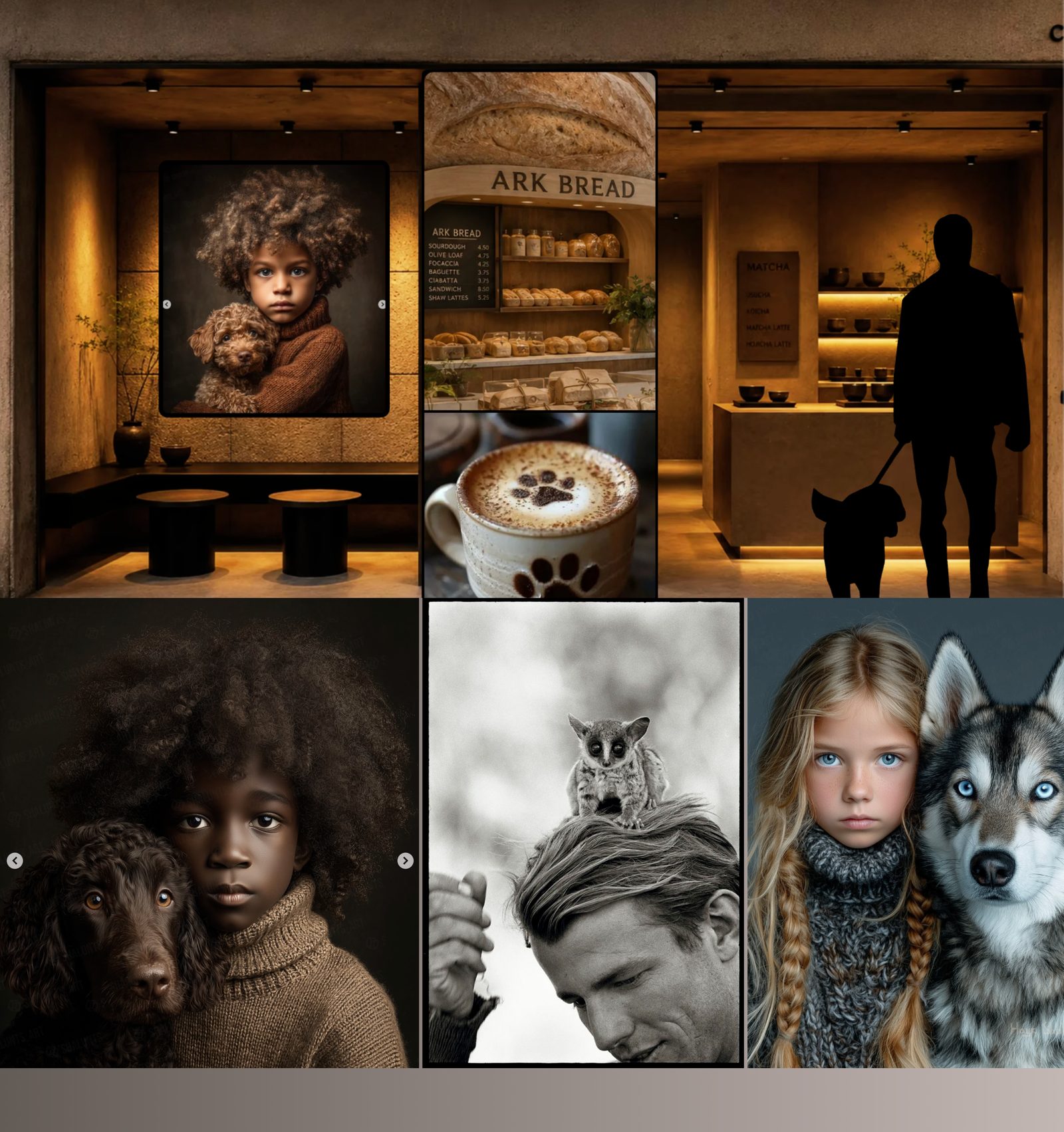 The Ark lounge: a warm, wood-paneled space with a portrait of a child holding a curly brown puppy on the wall, low round stools and a plant; in the middle, Ark Bread, a bakery counter with fresh loaves and a menu board, above a latte with a paw print in the foam on a paw-print cup; on the right, the silhouette of a person walking a dog past a lit shelf. Below, three portraits of people and animals: a child in a knit sweater cheek to cheek with a curly chocolate dog; a black-and-white photo of a man with a small bushbaby perched on his head; and a blonde girl in a gray knit beside a blue-eyed husky.
